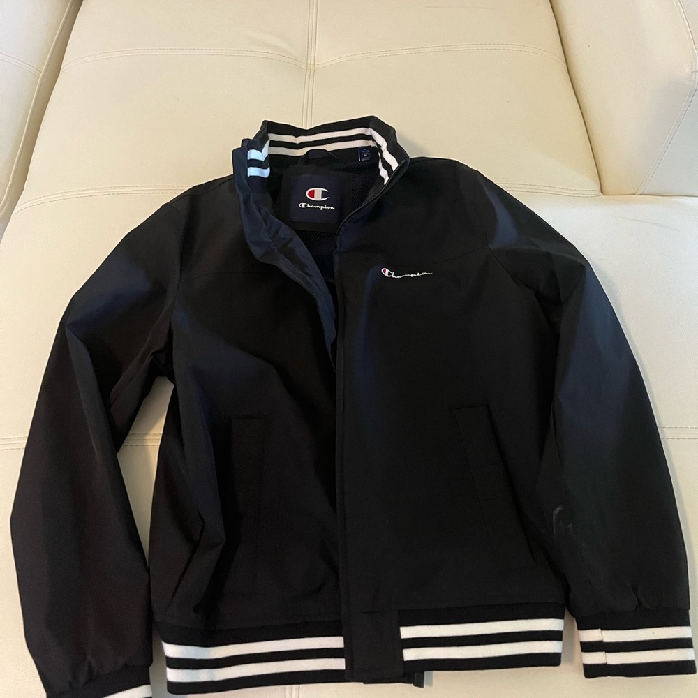 Champion Black Varsity Jacket with Striped Accents